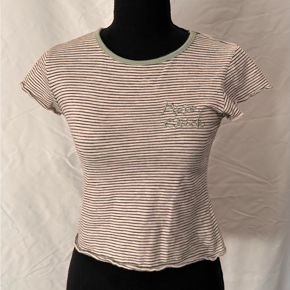 Pixie Chick Black and White Striped Short Sleeve Shirt with Blue Collar in Small